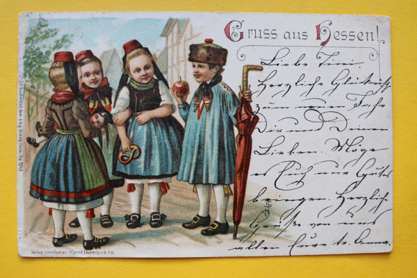 Litho AK Gruss aus Hessen / 1898 / Kinder in Tracht